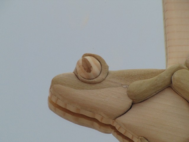 Particolare della testa della rana in legno: 